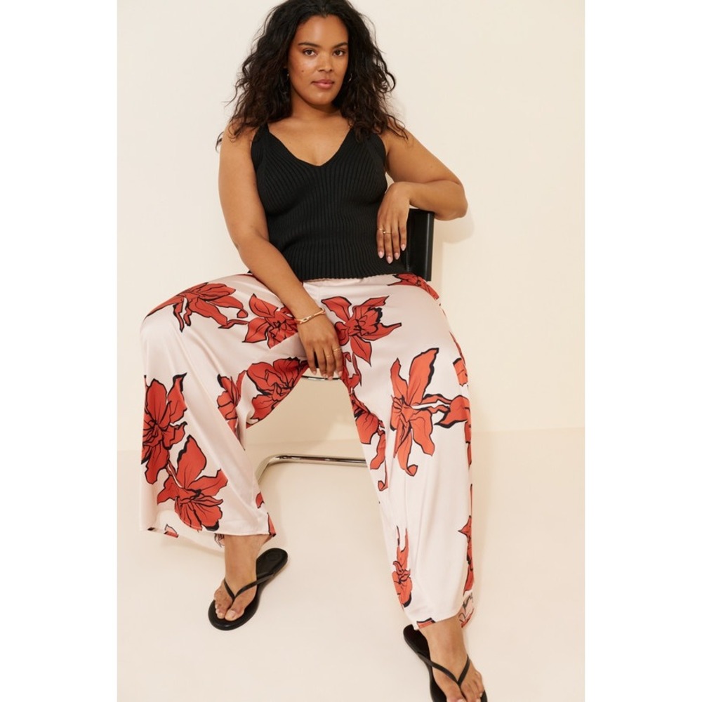 Hutch Satin‎ Floral Wide Leg Pants Smocked Waist Ivory Red Pockets 1X Resortwear